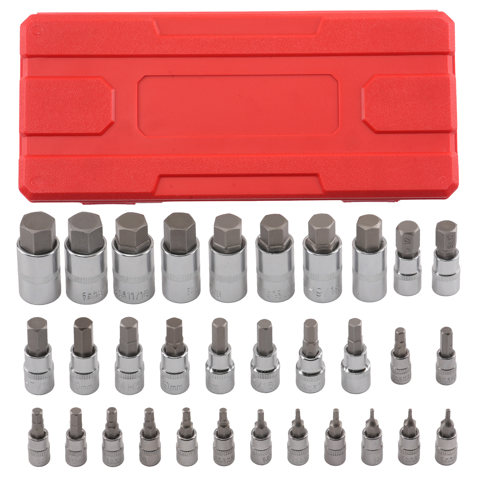 32 Piece Hex Socket Bit Set S2 Steel 1/4 3/8 1/2in Drive Metric Imperial